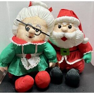Vtg Embrace Santa & Mrs Claus Nylon Puffy Plush Holiday Stuffed Christmas Decor